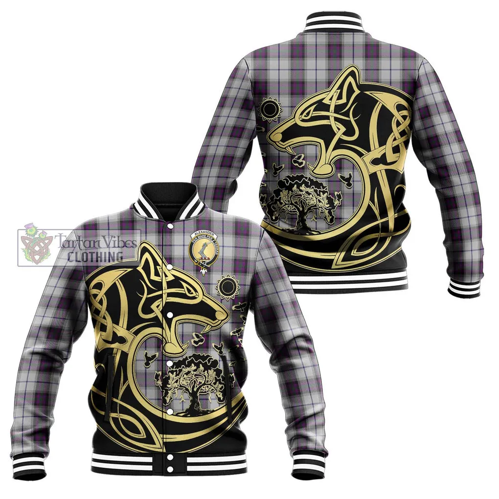 Alexander of Menstry Dress Tartan Baseball Jacket with Family Crest Celtic Wolf Style